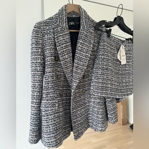 Zara navy blue, cream tweed blazer and skort set